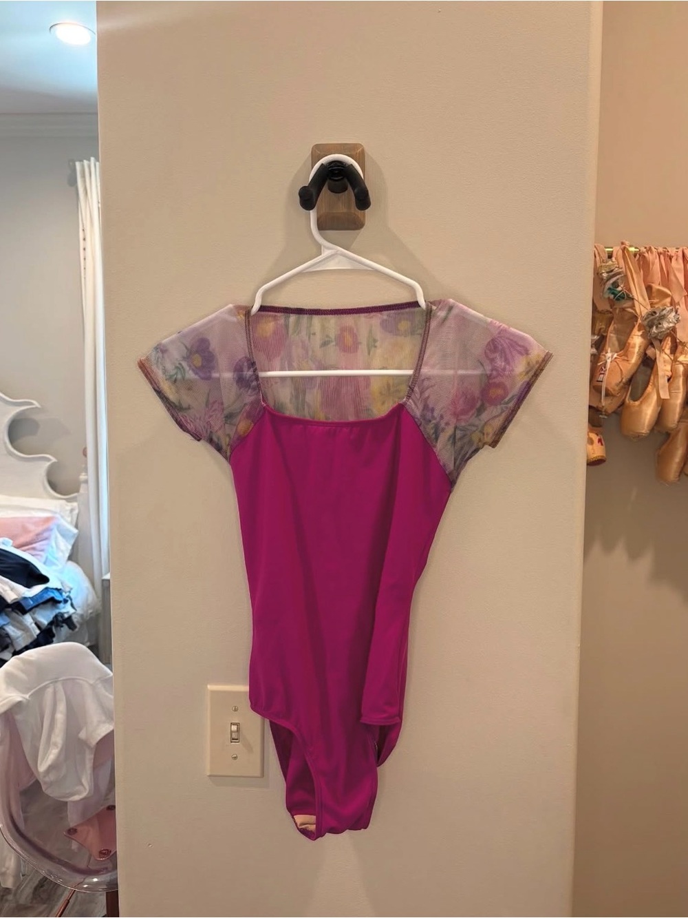 Eleve Dancewear Fuchsia Leotard with Sheer Floral Lavender Shoulders